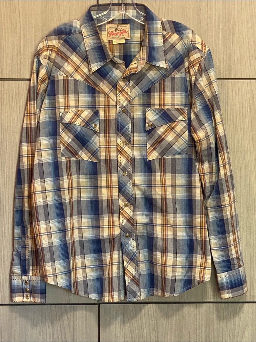 Wrangler Blue Plaid Western Shirt Pearl Snap Cowboy XL Cotton